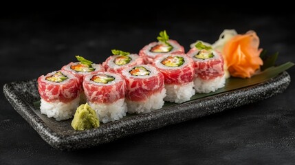 A beautifully arranged sushi platter with thin slices of raw Wagyu beef on top of sushi rice, garnished with wasabi and pickled ginger