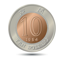 Reverse of Hong Kong coins 10 dollars 1994 years.  Vector illustration.