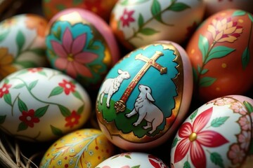 Fototapeta premium Close-up of intricately decorated Easter eggs, showcasing religious symbols like crosses and lambs , religious symbols, easter decorations, spring
