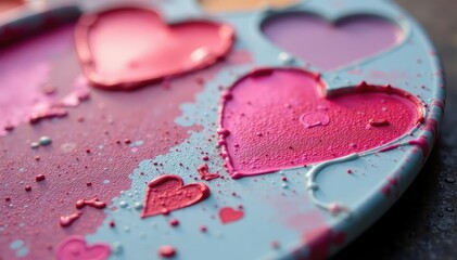 Obraz premium Close-up of paint palette with red, pink, and white paints, heart shapes subtly painted on the palette , tender, art, vibrant