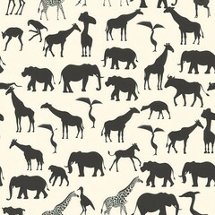 seamless pattern of African animal silhouettes, monochrome style, minimal modern design