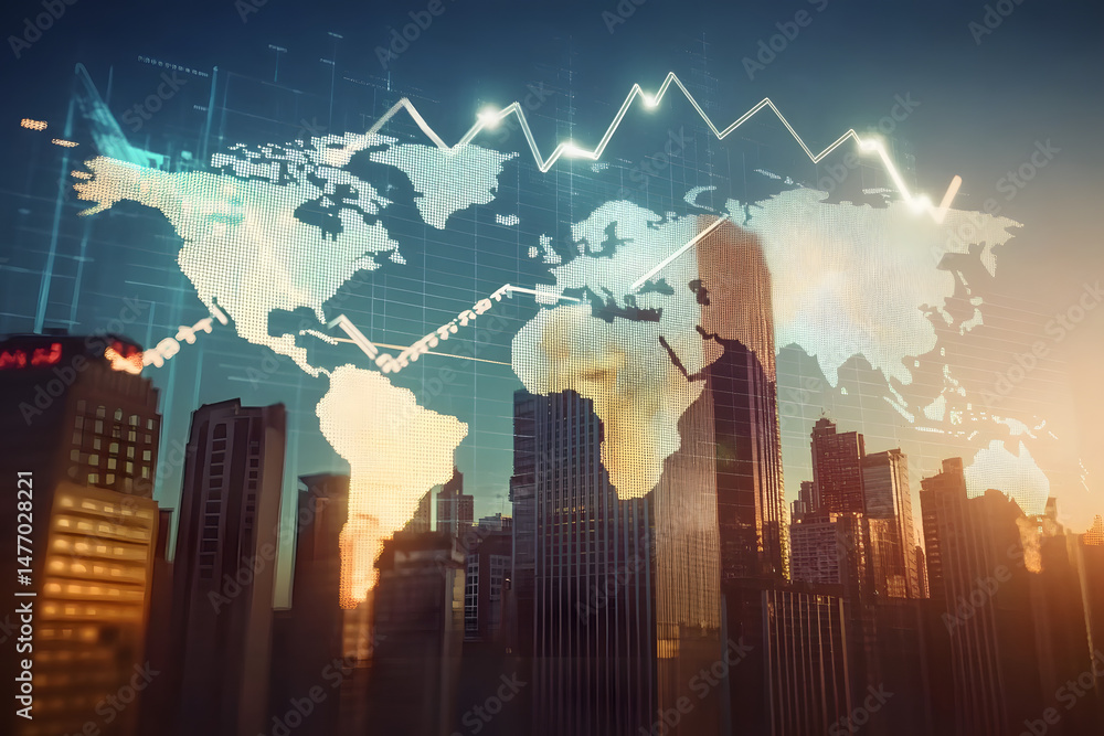 Poster abstract upward arrow chart with world map and city buildings in background representing real estate