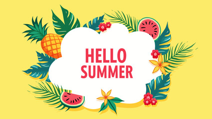 Colorful summer illustration with tropical fruits, palm leaves, and the phrase "Hello Summer" in playful typography on a bright yellow background