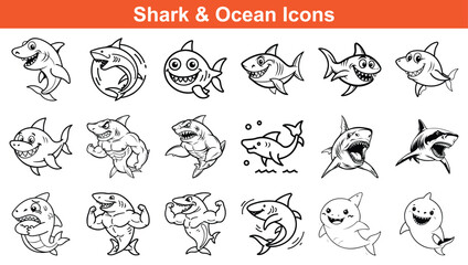 Fototapeta premium Black Line Art Collection Playful and Powerful Sharks in Various Poses and Styles