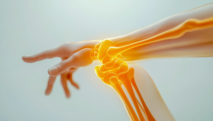 Anatomical illustration showing human wrist bones and hand with highlighted joints