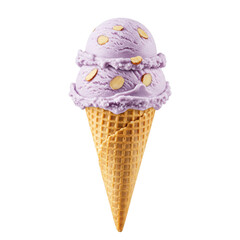 Delicious lavender ice cream cone with almond toppings against a clean background