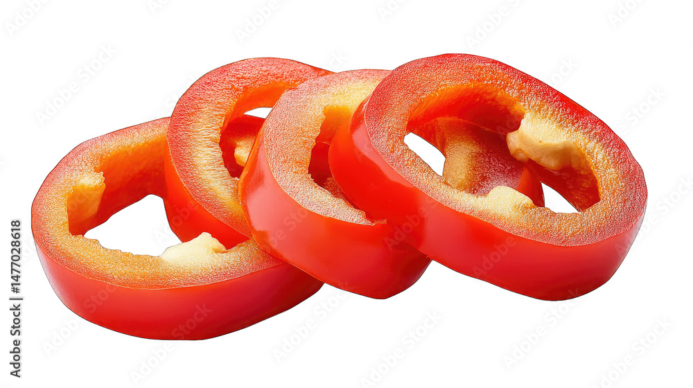 Poster four red pepper slices arranged in a row on a transparent background the slices are cut into thin ro