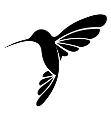 Drawn Minimalistic black hummingbird in flight logo on transparent PNG background. Design of a small tropical bird with big beak and flapping wings © Andrew L