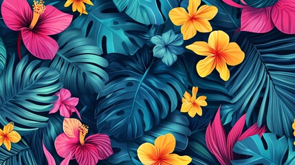 A vibrant, seamless pattern showcases lush tropical leaves and blossoms in a rich, saturated palette, evoking a sense of exotic paradise.