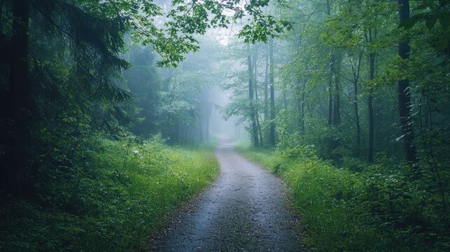 A lonely pathway disappearing into a thick, misty forest
