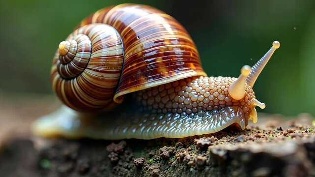 Close-up of a snail slowly traversing a textured surface, showcasing its intricate shell and delicate movement
