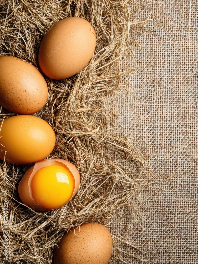 Leinwandbilder fresh organic eggs on a straw mat create a rustic display in a natural setting