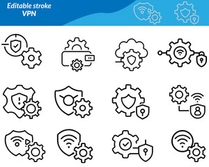 A VPN icon set with icons featuring shields, locks, secure connections, global networks, encrypted tunnels, and privacy symbols—ideal for cybersecurity apps, websites, and tech interfaces.