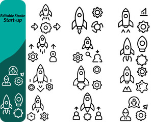 A Start-Up icon set with icons featuring rockets, ideas, growth charts, funding, teamwork, innovation, and strategy—perfect for pitch decks, apps, websites, and business development projects.