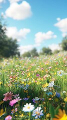 Fototapeta premium Vibrant wildflower meadow blooming under clear blue sky