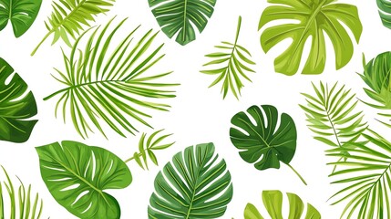 A seamless pattern of lush, green tropical leaves creates a vibrant and textured design.