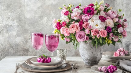 Elegant floral arrangement with refreshing beverages on table setting