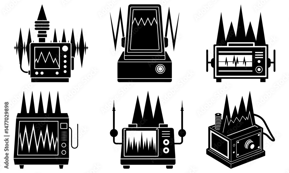 Poster collection of six stylized black and white machines displaying wave patterns and spiky elements on t