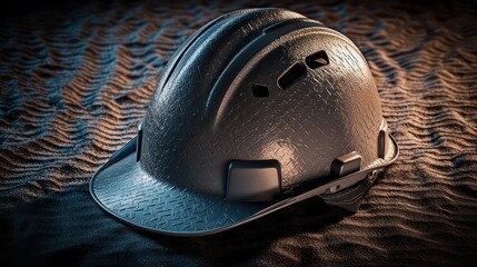 A professional-quality close-up of a hard hat with ventilation holes and an adjustable chin strap, placed on a textured surface,