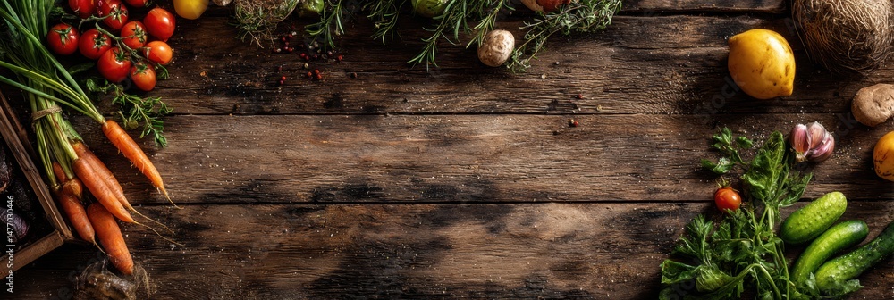 Poster fresh harvest of assorted produce scattered on rustic wood texture background in a cozy kitchen sett