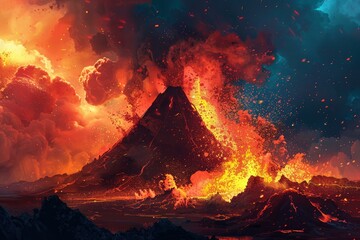 Dramatic scene of a volcano erupting with glowing lava, smoke and ash filling the sky
