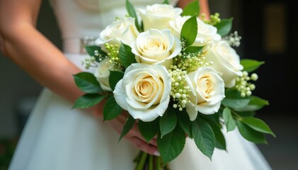 Obraz premium Elegant white roses and cascading greenery bridal bouquet , greenery, reception