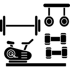 Gym Equipment Icon � Stationary Bike, Barbell, Fitness Tools
