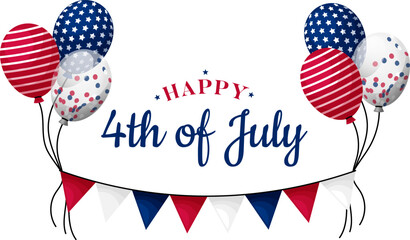 Happy 4th of july USA greeting lettering, balloon garland with bunting isolated