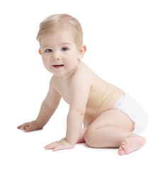 Cute little baby sitting on white background