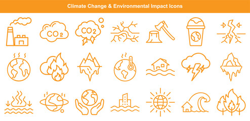 Climate Change Impact Icon Set Global Warming, Pollution, Deforestation, and Natural Disasters
