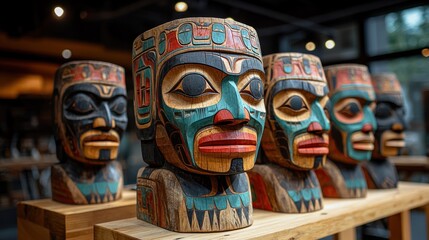 Fototapeta premium Carved wooden totem heads