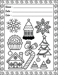 Fototapeta premium Bold and Easy Christmas Coloring Pages For Kid and adult. High resolution (300 DPI), Ready to print on standard 8.5x11 inch paper With No Bleed, Black and White. Vector illustration AI, EPS, PNG,