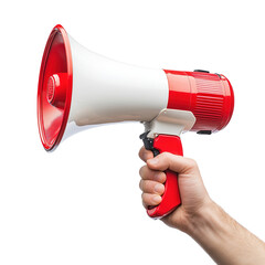 Hand Gripping Red and White Megaphone for Loud Announcement on Transparent PNG Background
