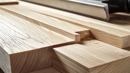 Close-Up of Woodworking with Hand Saw and Wooden Planks