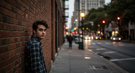 Young Man in Plaid Shirt Leaning Against Brick Wall on City Street at Dusk