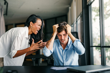 Colleagues arguing at workplace, executives disagree about papers, found error in contract