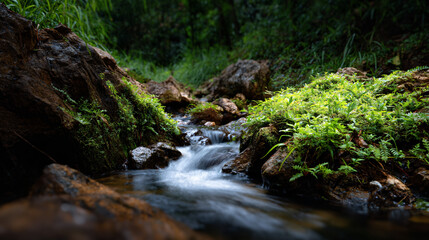 Serene Waterfall Flowing Over Rocks in a Lush Green Forest Scene