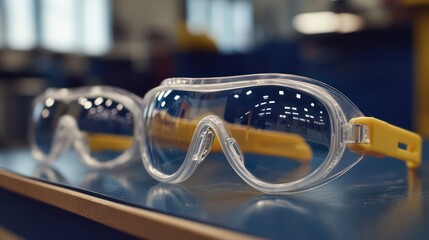 A row of safety goggles neatly placed on a workbench, each lens reflecting the ambient light perfectly, high-resolution details ensuring
