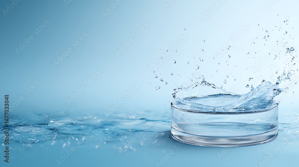 Poster empty circular glass podium placed on clear blue water with splashes in a mockup scene ideal for hig