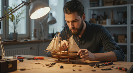 Focused Caucasian Man Assembling Wooden Model Ship in Workshop with Tools and Warm Lighting