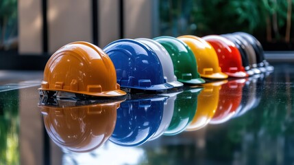 A row of safety helmets in different colors representing various site roles, neatly lined up on a polished surface, crisp