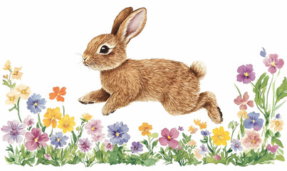 Obraz premium A brown bunny hops playfully amidst a vibrant array of colorful wildflowers, creating a cheerful springtime scene