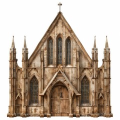 Obraz premium Old wooden church building with pointed arches and a cross on top, showcasing traditional architectural style