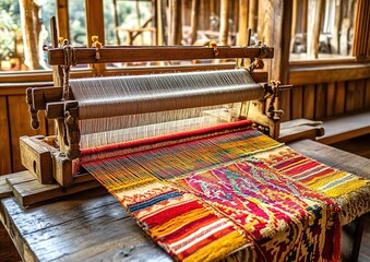 Naklejka premium A traditional wooden loom weaving colorful fabric in a rustic room with sunlight filtering through wooden floors and windows.