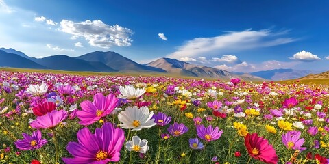 Obraz premium A vibrant flower field with pink, purple, yellow blooms stretching toward distant mountains under a clear blue sky.