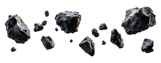 A Collection Of Ten Grey Space Rocks Of Varying Sizes Isolated On A Transparent Background