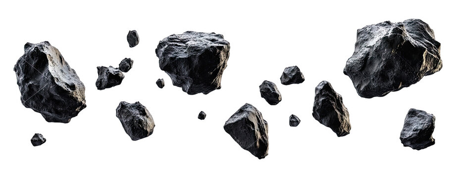 A Collection Of Ten Grey Space Rocks Of Varying Sizes Isolated On A Transparent Background