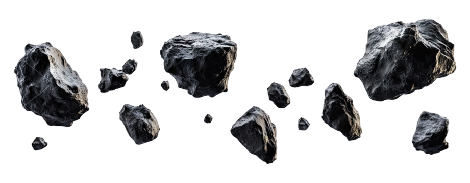 A Collection Of Ten Grey Space Rocks Of Varying Sizes Isolated On A Transparent Background