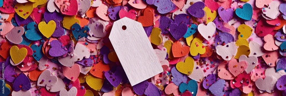 Aufkleber heart-shaped confetti scattered on a vibrant surface with a blank tag ready for a personal message o