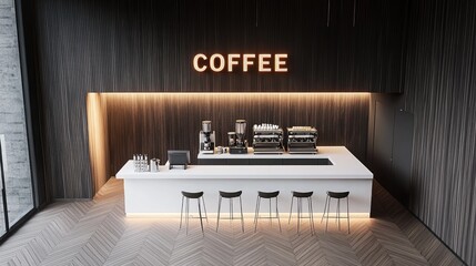 Modern coffee shop interior design with illuminated signage.